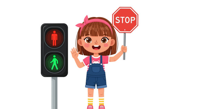 Colorful cartoon girl holding stop sign, traffic light illustration, road safety icons, vector graphics