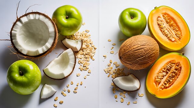 Fresh coconut melon apple and oats healthy food concept on white background