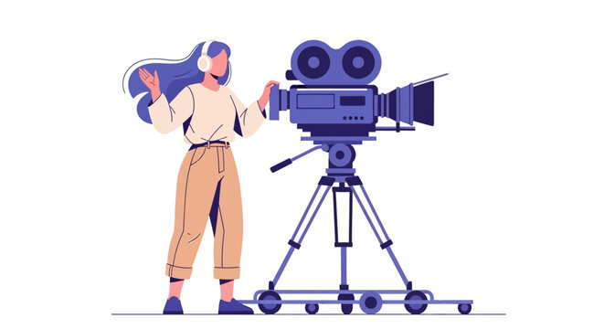 Film, camera, video production, cinematography, movie making, woman, operator, equipment, studio, blue, vector illustration