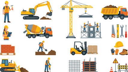 Construction equipment and worker flat design illustration set for building and engineering industry use © DNS STOCK