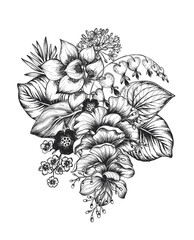 Obraz premium Beautiful hand drawn vector composition with black and white unusual blooming flowers on white background
