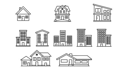 Fototapeta premium House, building, architecture icons, 10 residential and commercial structures, black and white line art, vector illustrations, urban planning, home design elements