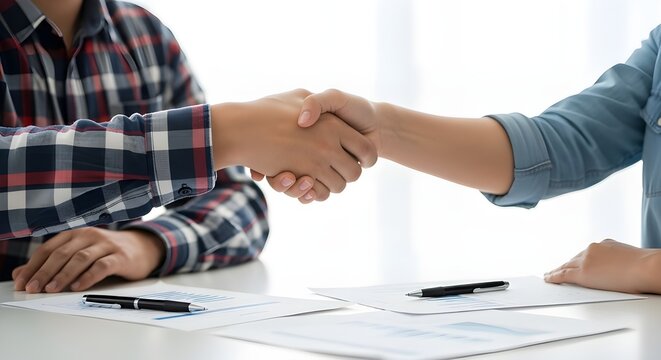 Business partners shaking hands over contract agreement in office meeting