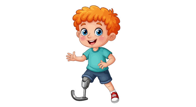 Cartoon boy with prosthetic leg, amputee kid, disability awareness, vector illustration, colorful, cheerful, kids' education, health, medical, inclusion, diversity