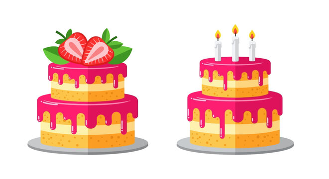 Colorful birthday cakes, vector illustrations, dessert icons, cake decorations