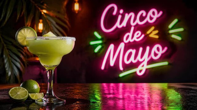 A refreshing margarita cocktail sits in the foreground with a vibrant "Cinco de Mayo" neon sign glowing in the background. Perfect for holiday parties, festive promotions, and Mexican cultural events.