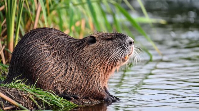 Nutria rodent sitting on grassy bank near water edge looking up.