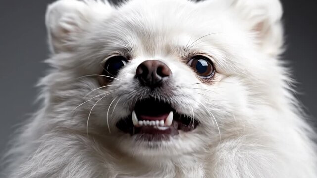 Closeup portrait of a white pomeranian dog with an open mouth and visible teeth, looking alert and expressive against a neutral studio background