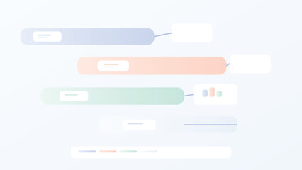 Obraz premium Horizontal workflow interface with connected panels and data cards in soft pastel UI style for modern system navigation and SaaS dashboard design use