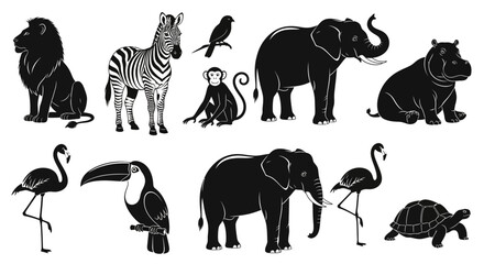 Fototapeta premium Black silhouettes, jungle animals, icons set, 10 pieces, vector graphics, wildlife symbols, safari style