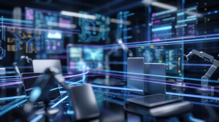 Obraz premium Futuristic Control Room Holographic Interface Robotic Arms Blue Digital Smart Factory Automation AI Technology