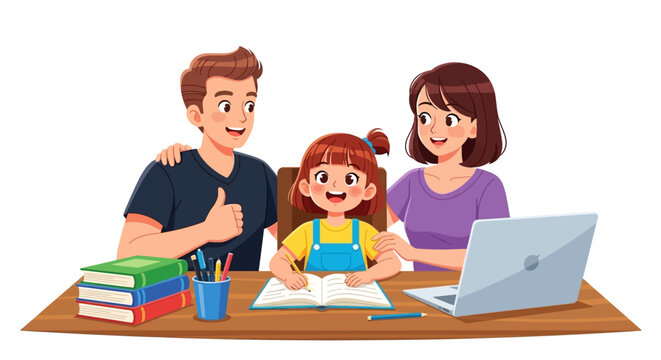 Family, parents, and child learning together, online education, homework, vector illustration
