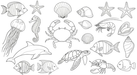 Seafood icons, ocean creatures, marine life, 25 black and white vector illustrations © Adam