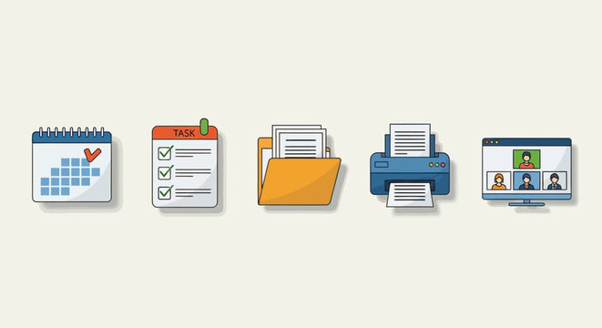 Modern office supplies and technology icons including calendar, document, printer, and computer on clean background for business and organization concept