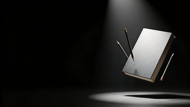 Back to school concept with a floating book and pencils in dramatic lighting