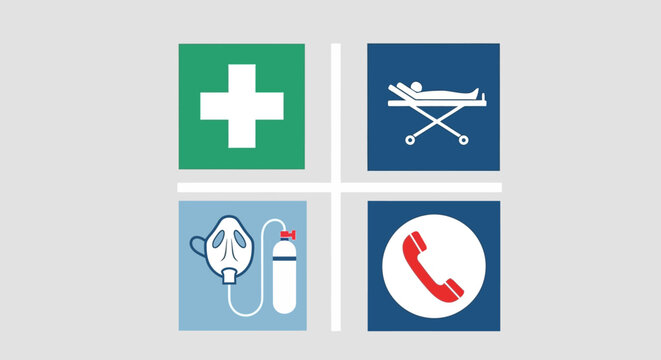 Medical healthcare service icons set including first aid cross, hospital bed, medical equipment and phone, flat design style for web and mobile application