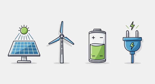 Eco friendly renewable energy icons set with solar panel wind turbine battery and plug sustainable power symbols for environmentally conscious design