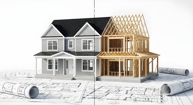 3D rendering of modern two-story house under construction with wooden framing