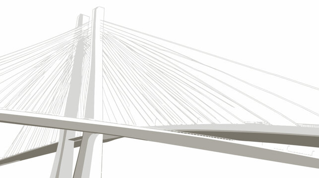 A grayscale, graphic illustration of a cable-stayed bridge, showing its structure in a low-angle view