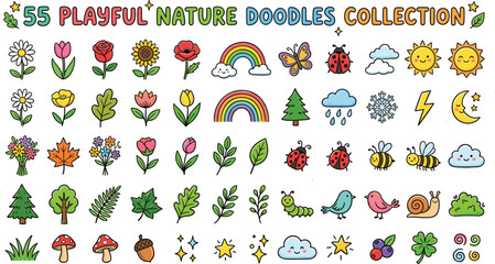Playful Nature Doodles Collection Featuring Flowers Leaves Rainbow Weather Insects Forest Seasonal Botanical Elements Editable Vector Icon Set Pack © MdMahfujAhmmed