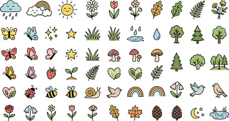 Nature Doodle Icon Set Featuring Forest Trees Weather Rainbow Leaves Mushrooms Birds Seasonal Botanical Elements Editable Vector Collection Pack © MdMahfujAhmmed