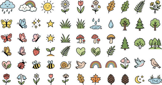 Nature Doodle Icon Set Featuring Forest Trees Weather Rainbow Leaves Mushrooms Birds Seasonal Botanical Elements Editable Vector Collection Pack