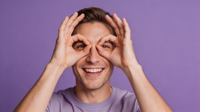 A young man with a playful expression, making a fun gesture with his hands in front of a solid purple background, conveying a sense of joy and carefree spirit.