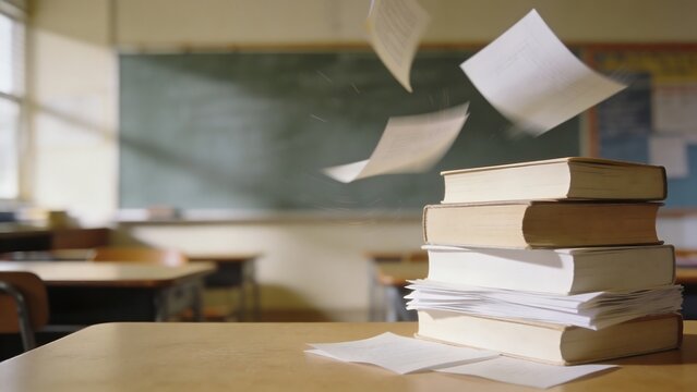 Back to school theme with books and flying papers in classroom setting