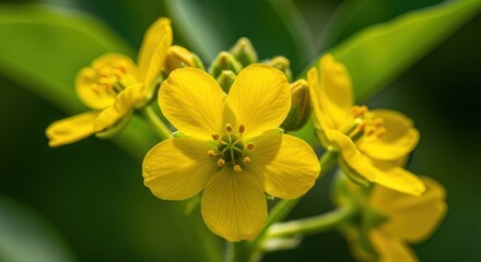 Obraz premium Close-up of a cluster of vibrant yellow flowers with green foliage background.