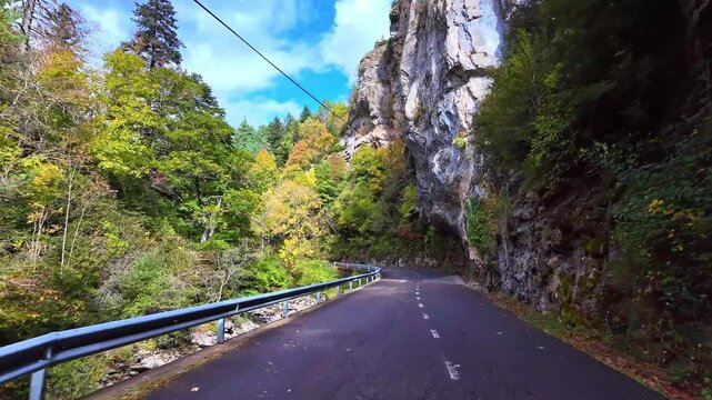 Driving through the Anso Valley to Zuriza, Valles Occidentales Natural Park in the Pyrenees, Aragon, Spain in Europe