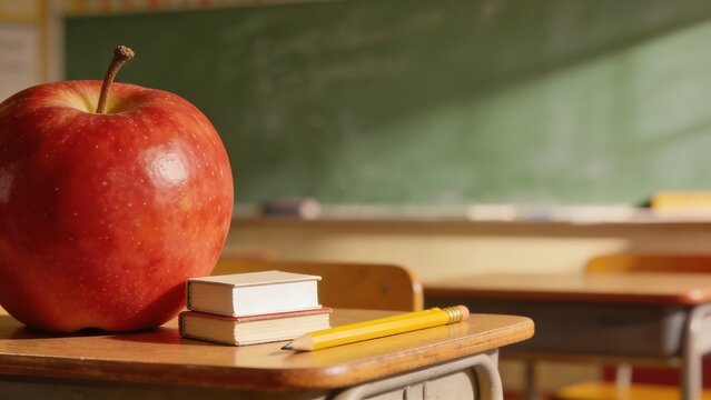 Back to school essentials: apple, books, and pencil on a classroom desk