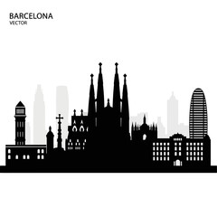 Fototapeta premium Barcelona Cityscape Silhouette Vector - Famous Landmarks Skyline