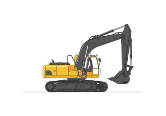 Yellow crawler excavator illustration with black boom and bucket © Vector Line