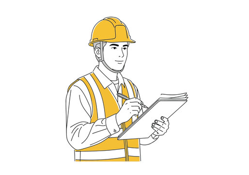 Construction engineer in safety vest and hard hat writing on clipboard