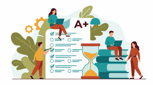 Students achieving academic success with checklist, A+ grade, and time management