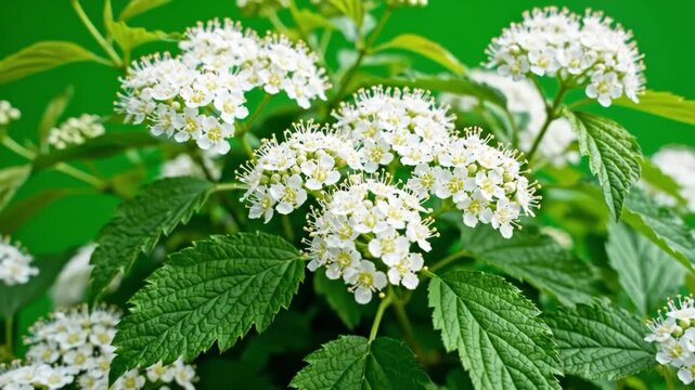 White flowers with green leaves on a green background
