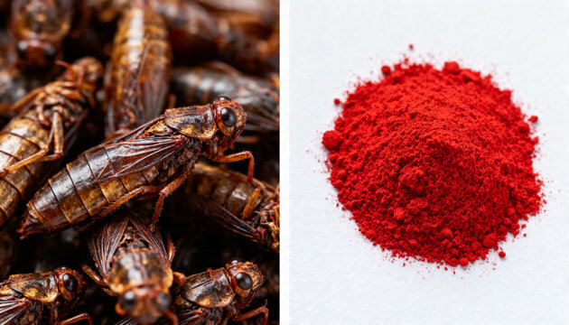 Dried insects and organic red carmine dye powder. Cochineal beetle used as natural food coloring pigment. Raw ingredient for additive production in scientific food industry laboratory.