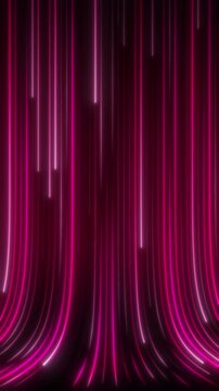 Looping pink neon light streaks flowing in vertical curved motion across dark background, glowing speed lines with vibrant energy feel, abstract radiant stream and seamless cinematic loop