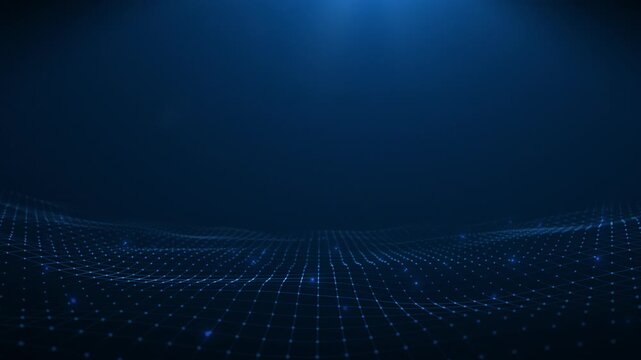 Radiant blue digital expanse grid waveform forming smooth oscillation across horizon field and flowing ripple surge motion in deep cosmos void dimension creating luminous energy pattern seamless loop