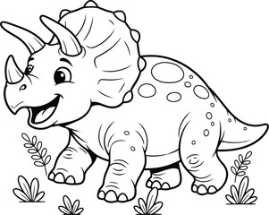 Cute cartoon triceratops dinosaur standing happily amongst plants isolated on transparent background © Pixzens Ars