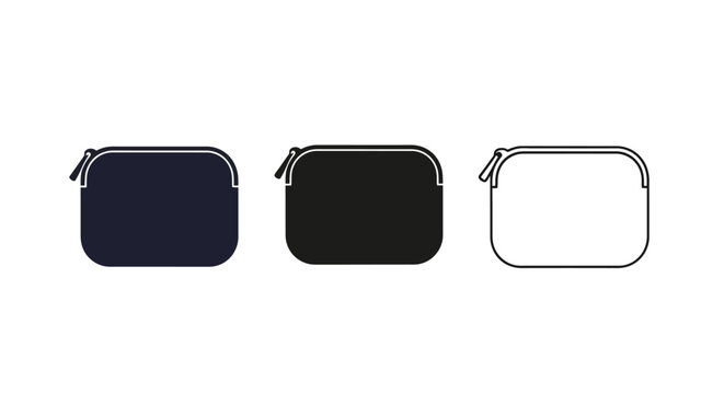 Set of three minimalist zippered pouch icons in different styles.