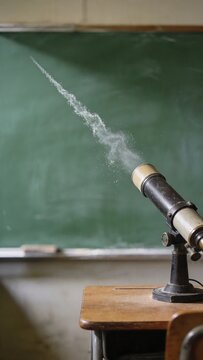 Vintage telescope on a school desk firing a stream of water into the air