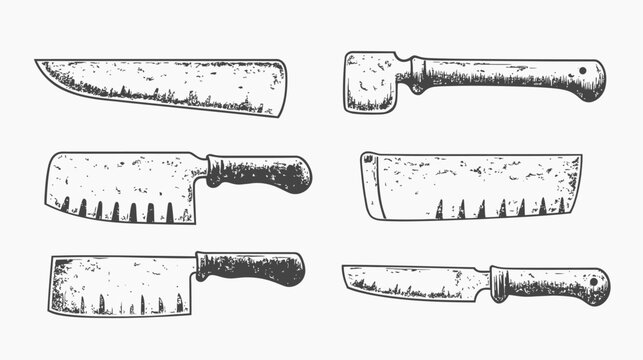 A collection of six different knife illustrations. They include cleavers and other bladed instruments