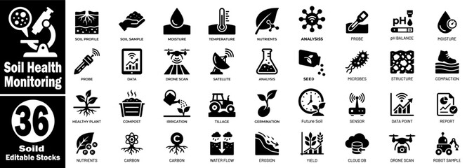 Soil health monitoring icon collection, agriculture and environmental science symbols, including scientific tools, farm technology, and ecological elements. © Hafiz