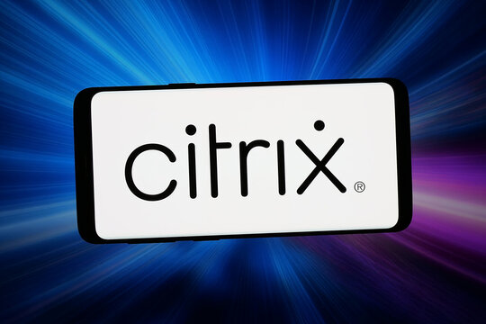 Stuttgart, Germany - 04-10-2026: In this photo illustration, the logo of cloud computing company Citrix Systems Inc. is displayed on a smartphone in front of abstract background on computer screen.