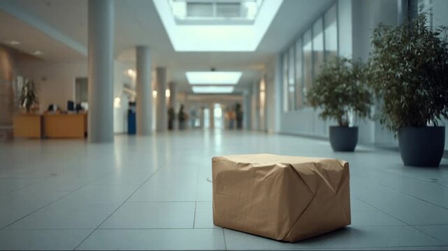 Brown cardboard package placed on tile floor in modern hallway  