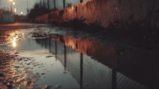 Reflection in puddle on urban street during overcast evening  