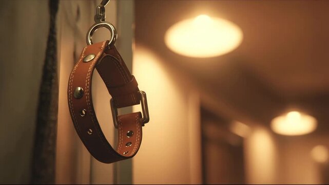 Leather pet collar hanging on hook in warm light setting  