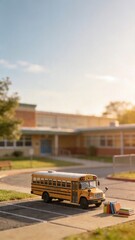 Obraz premium Back to school theme with miniature yellow school bus and books in front of building