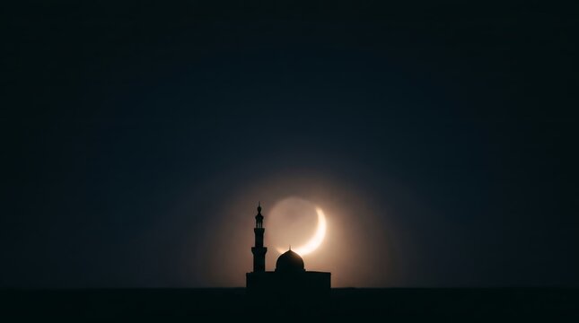 Minimal Mosque Silhouette Background with Crescent Moon and Soft Glow Copy Space